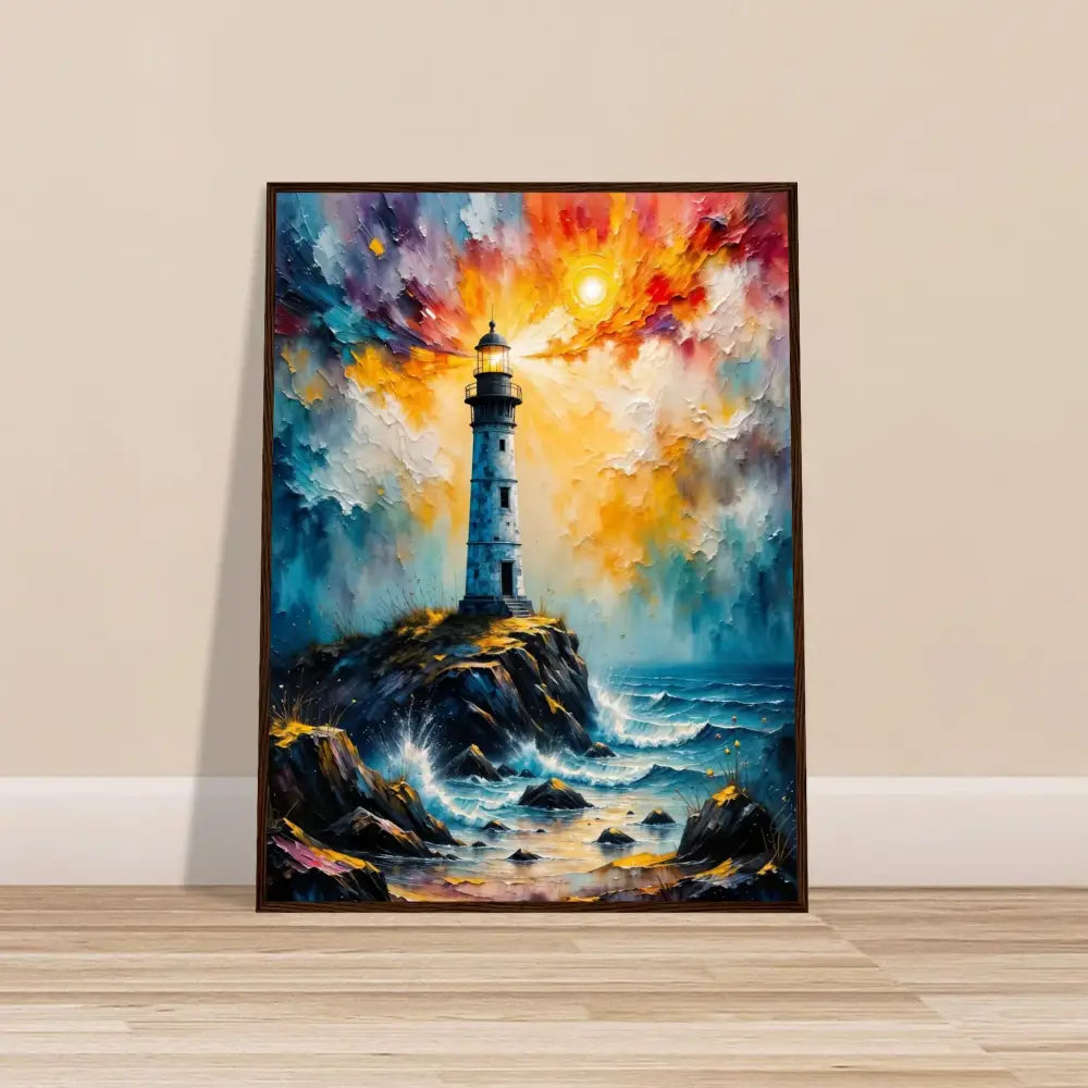 Vibrant impasto lighthouse painting on rocky coast, museum-quality matte paper, premium semi-hardwood frame