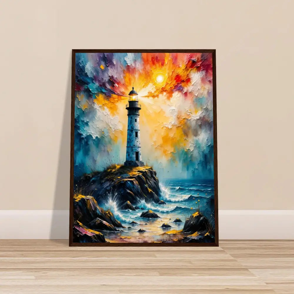 Framed lighthouse coastal art on museum-quality matte paper in premium semi-hardwood frame