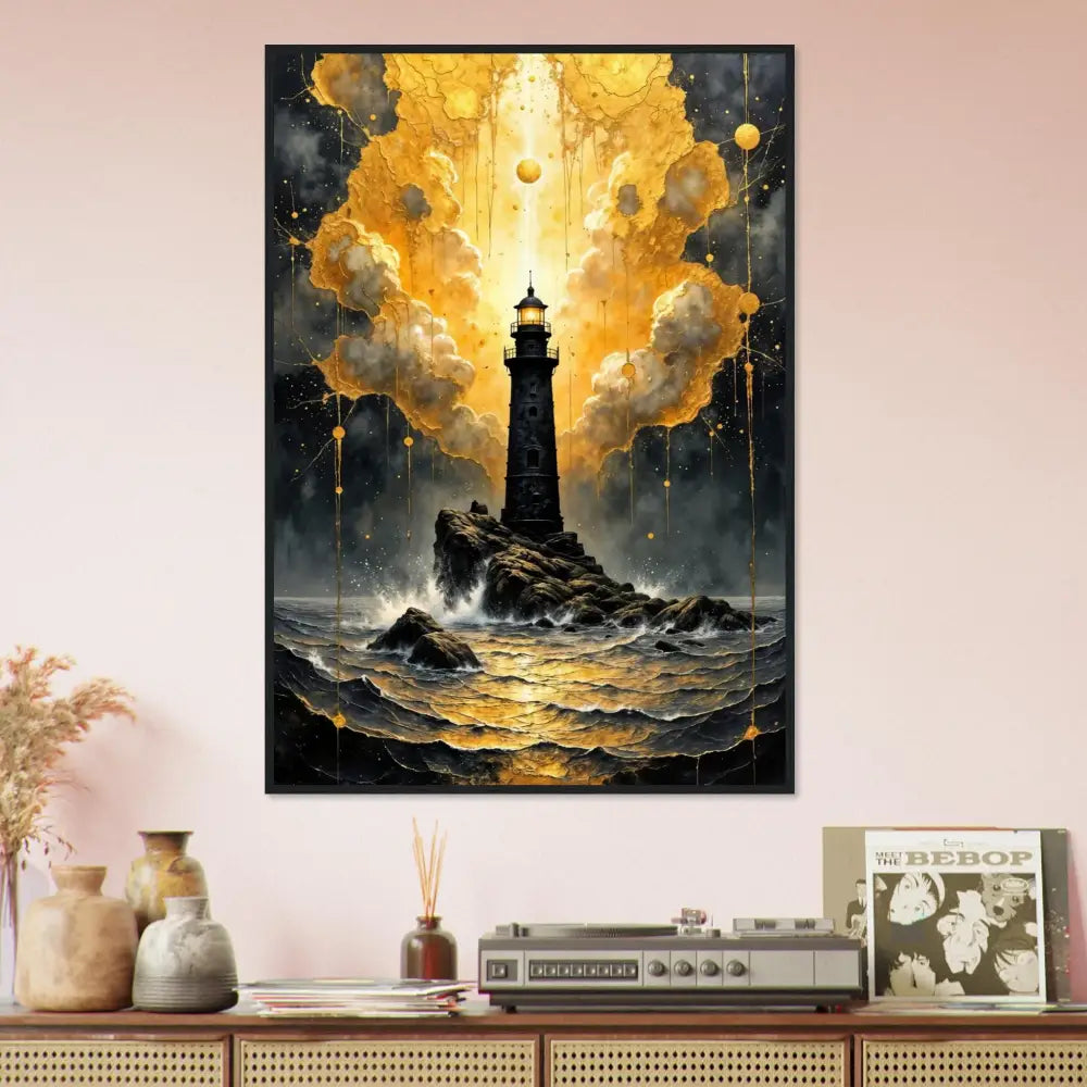Framed poster Beacon of the Veil depicting celestial drama meets grounded solitude with lighthouse