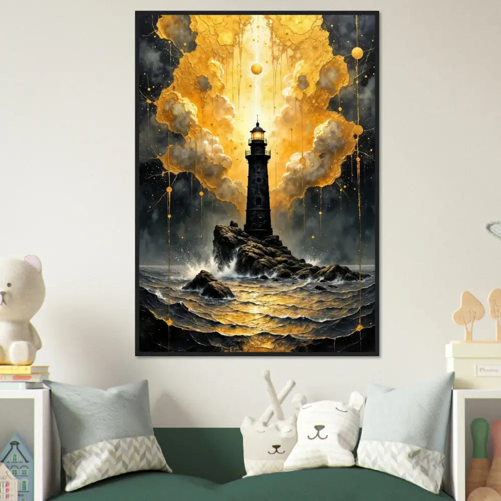 Framed poster Beacon of the Veil captures celestial drama meets grounded solitude with lighthouse art