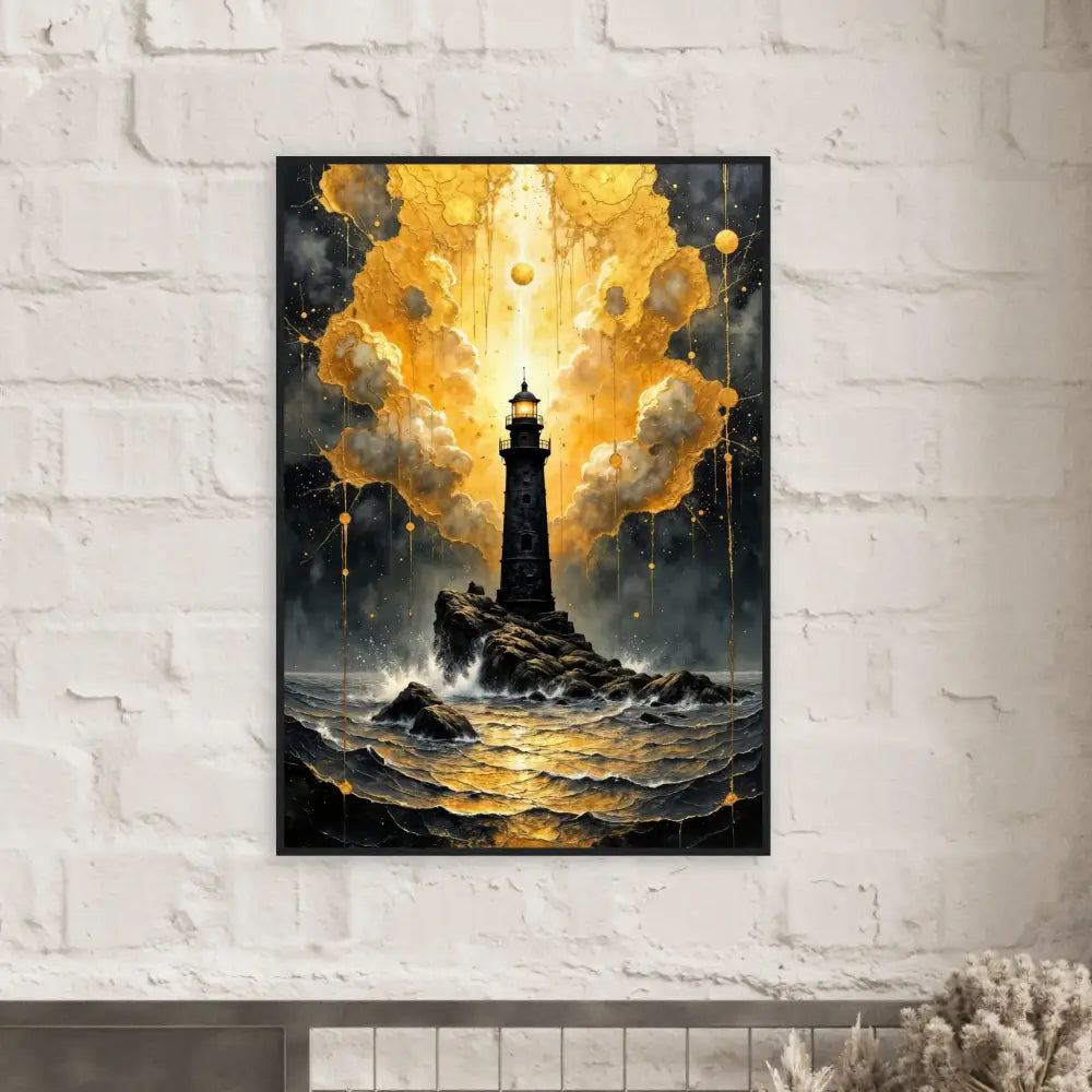 Framed poster depicting a lighthouse on rocky outcrop under golden sky, celestial drama meets grounded solitude