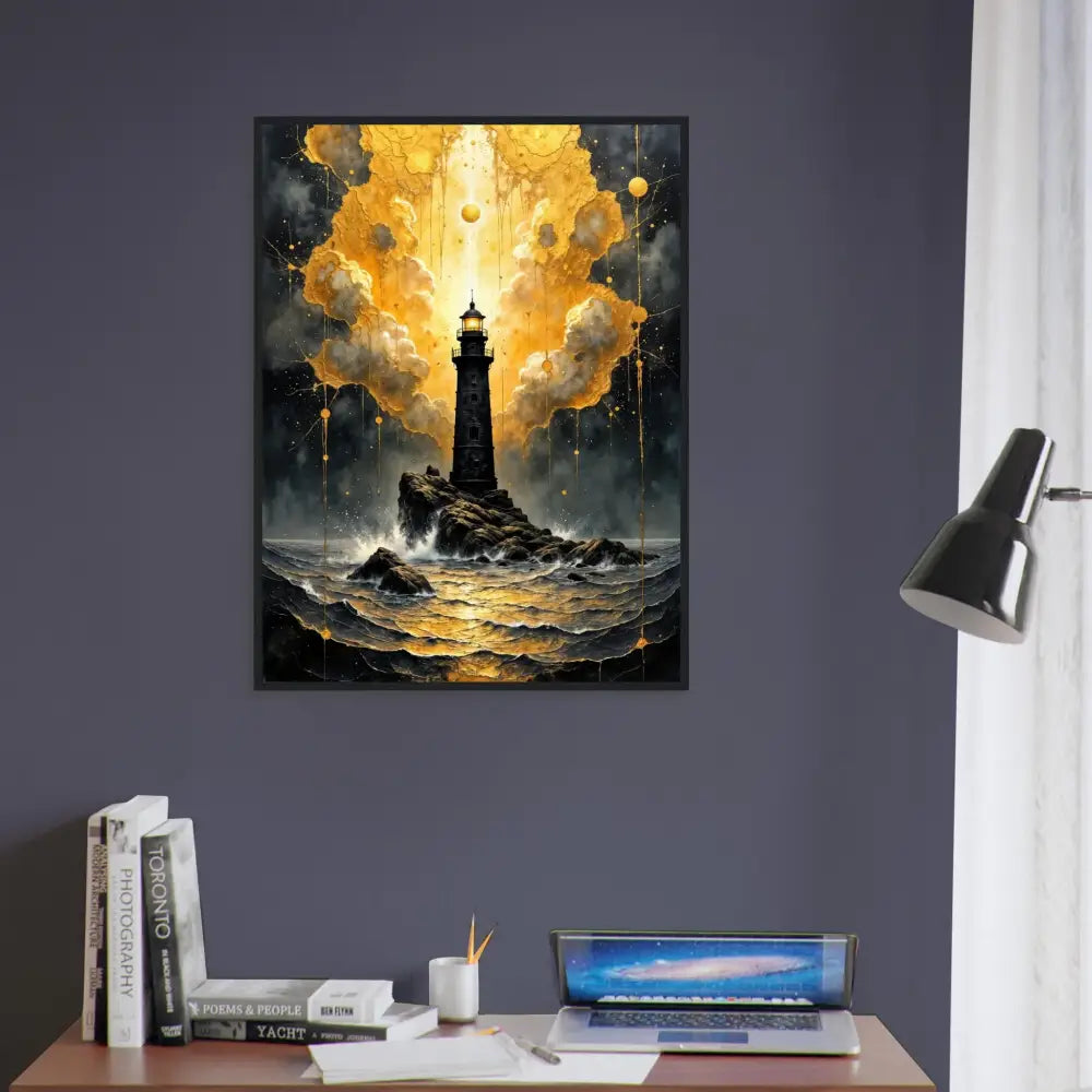 Framed poster of a lighthouse on rocks with golden clouds and sea showcasing celestial drama meets grounded solitude