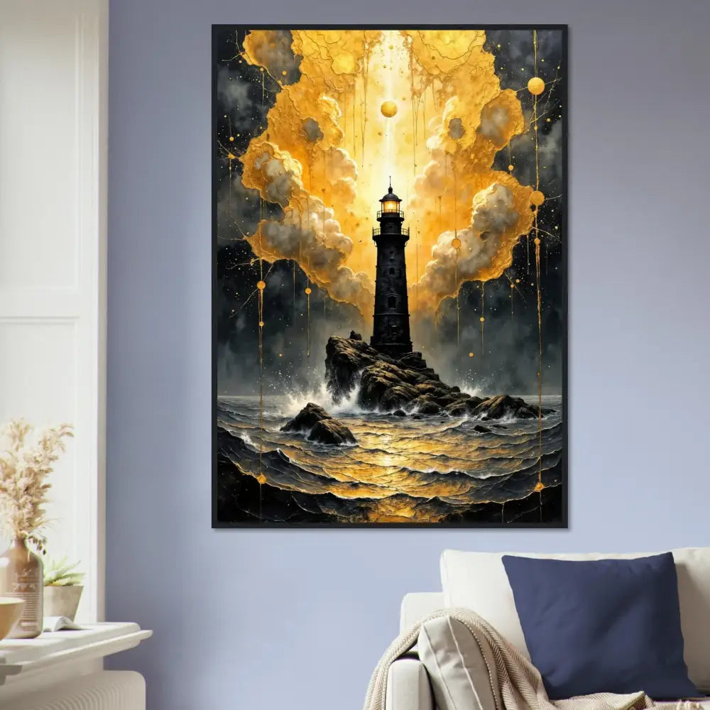 Framed poster of PixiOnyx Lighthouse Reverie showcasing celestial drama meets grounded solitude