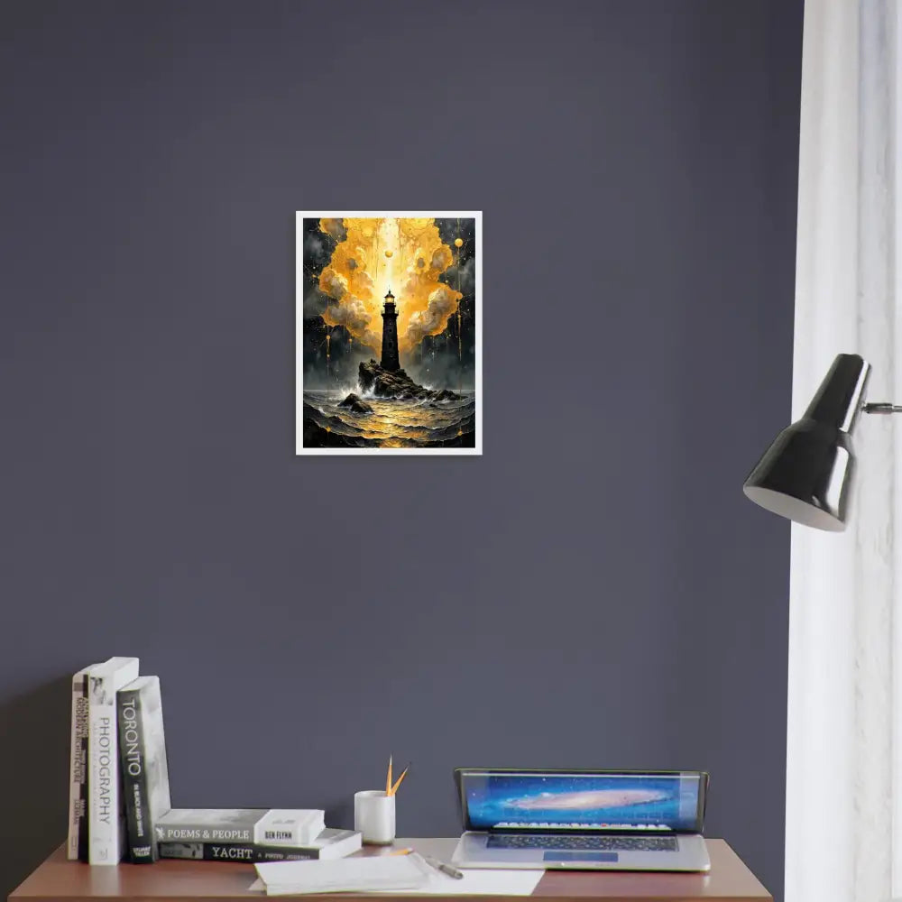 Framed poster featuring a lighthouse on rocky outcrop under celestial drama meets grounded solitude