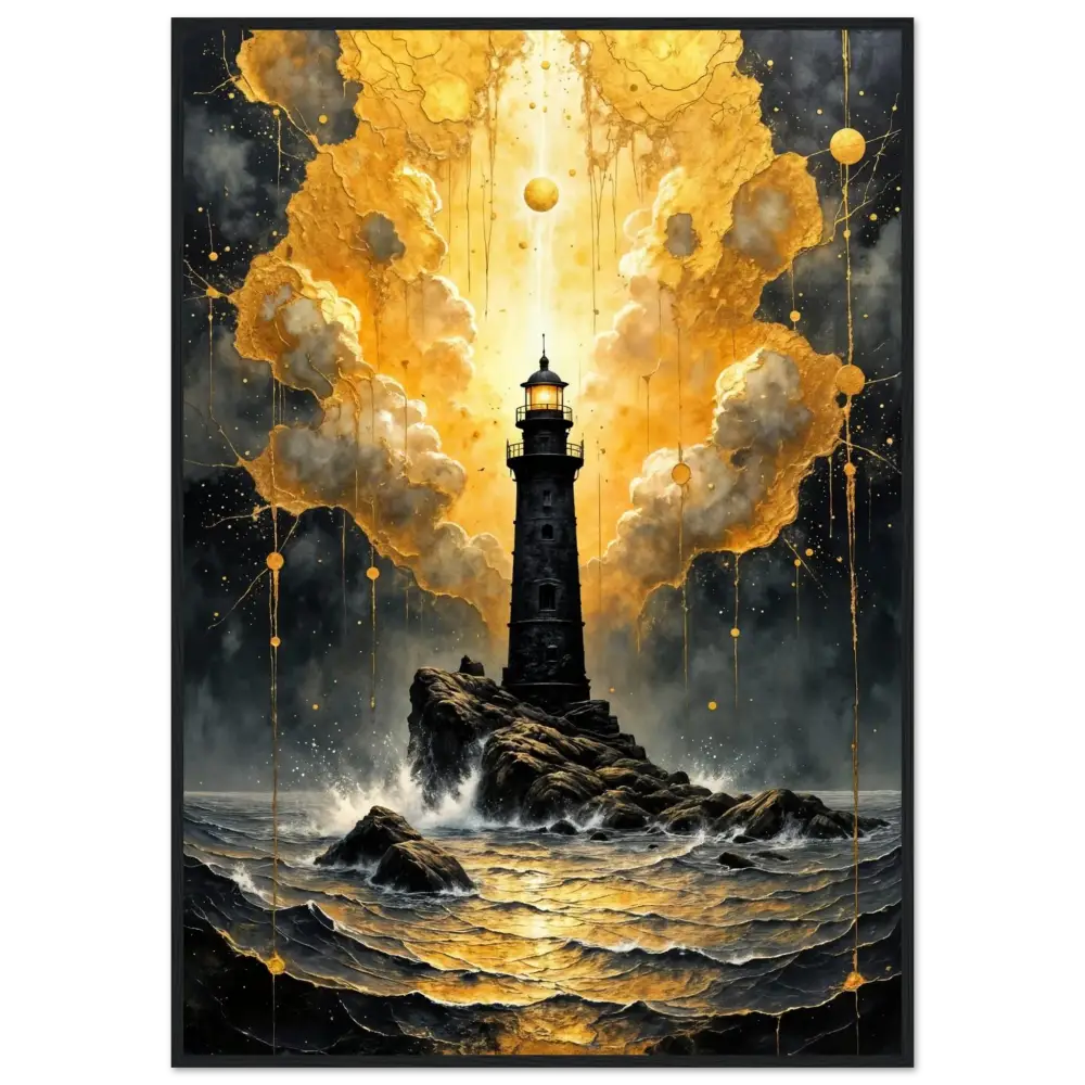 Framed Poster Beacon of the Veil captures celestial drama meets grounded solitude with lighthouse