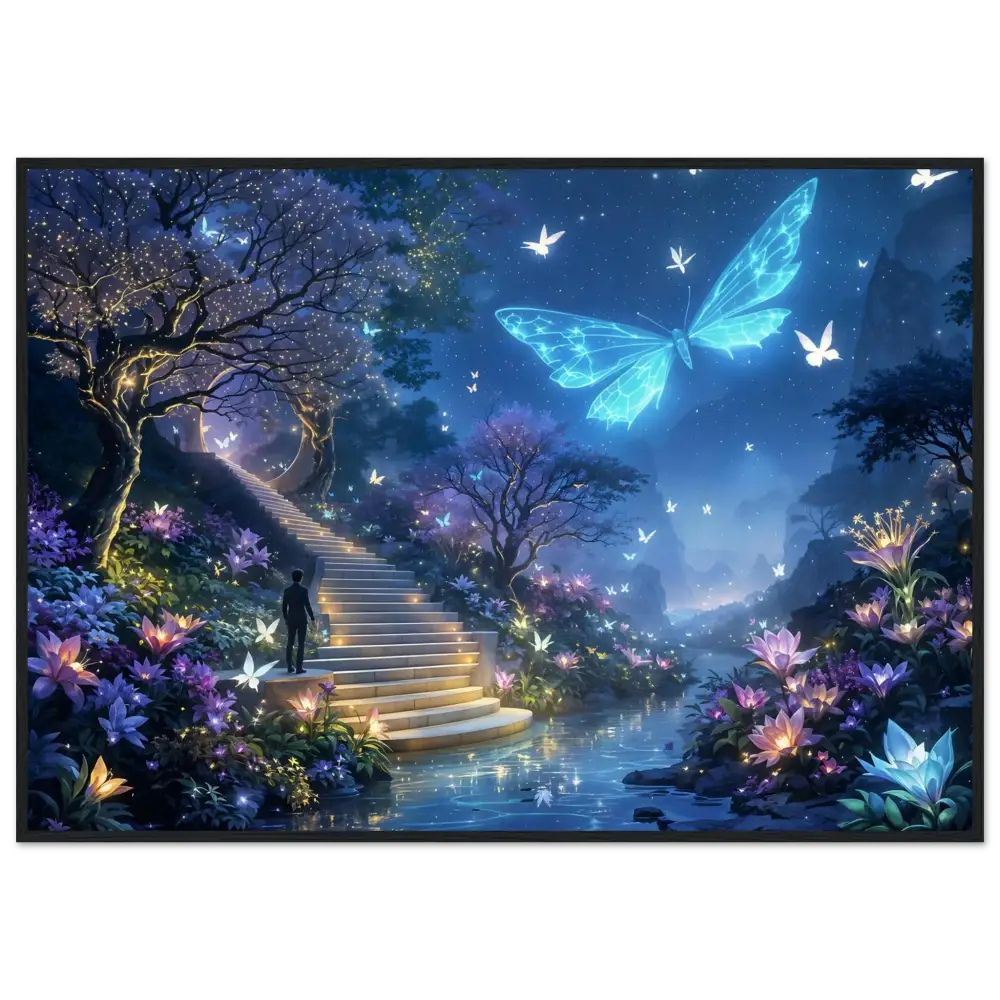 Fantasy landscape with glowing butterfly artwork for PixiOnyx Biolumina Framed Poster