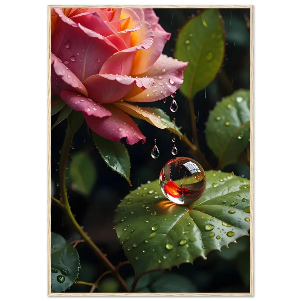 Dew-kissed pink and yellow rose with water droplets on leaf for Blush Reverie poster