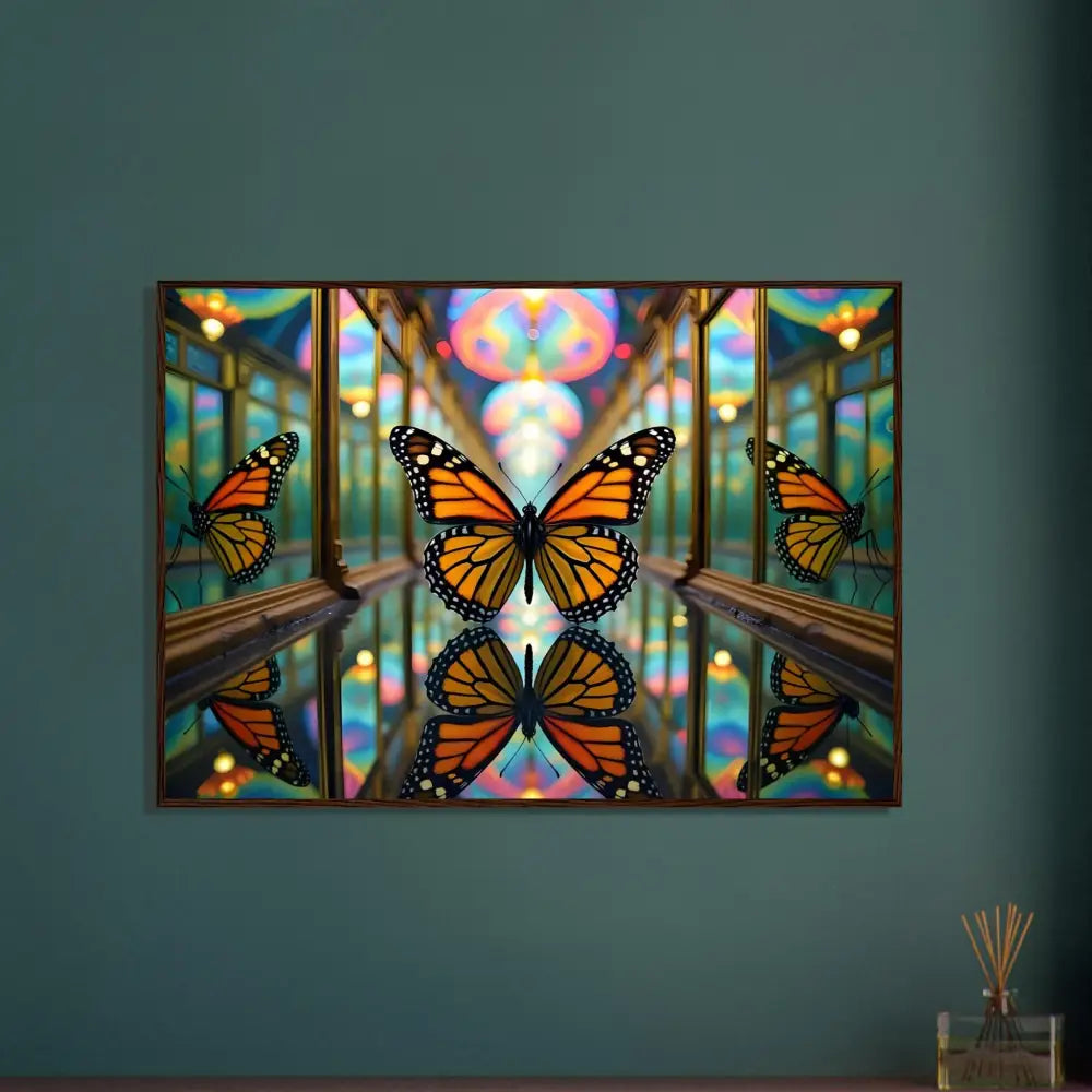 Framed butterfly kaleidoscope art displayed on PixiOnyx Mirrored Nature Flight Poster