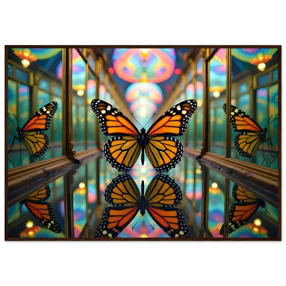 Monarch butterfly in a mirrored hallway on PixiOnyx Framed Poster Butterfly Reflections