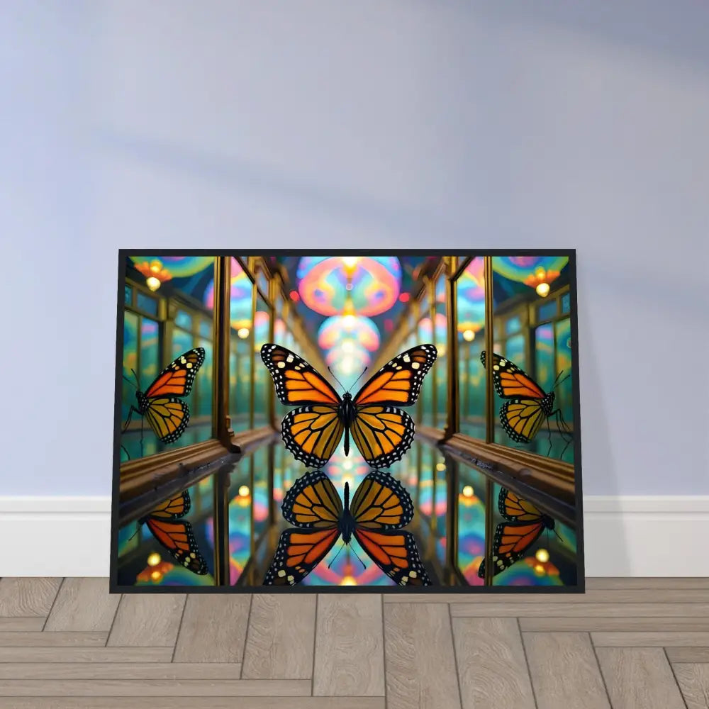 Framed butterfly reflection artwork in PixiOnyx Mirrored Nature Flight Composition poster