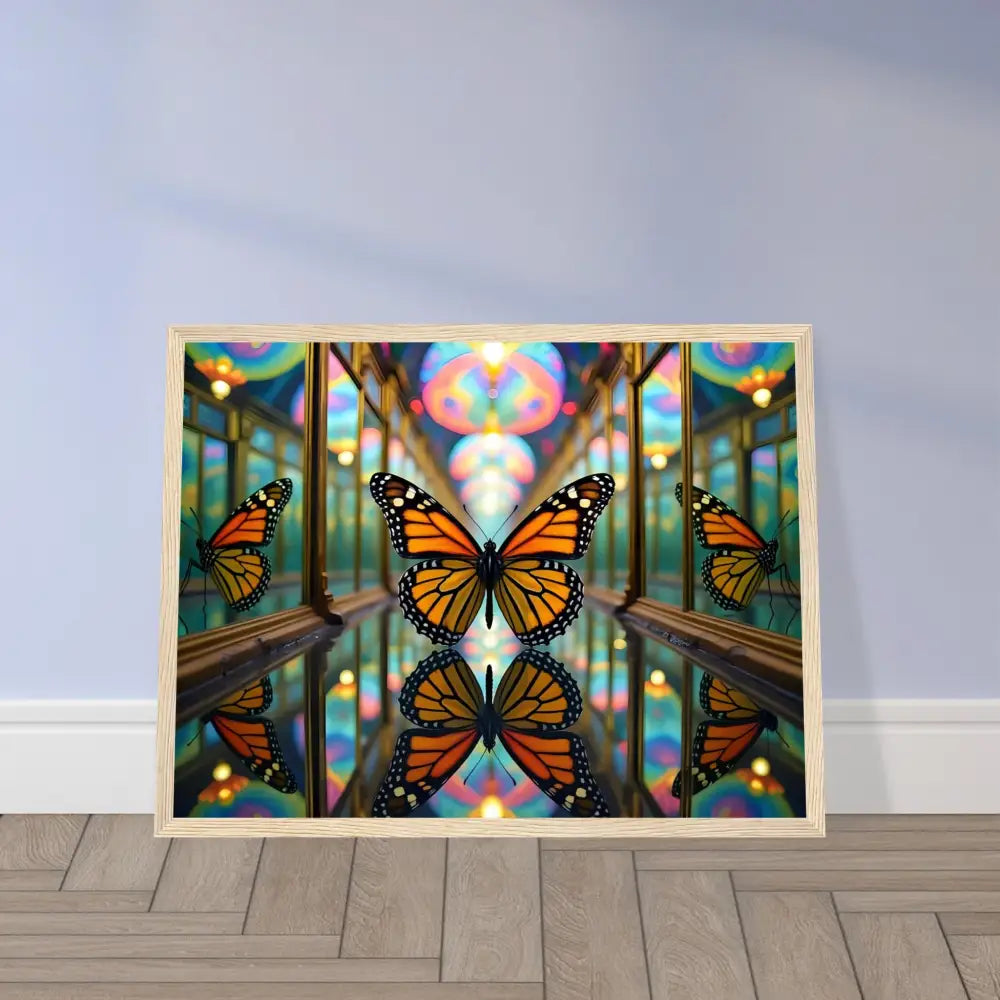 Framed butterfly kaleidoscope art poster titled Butterfly Reflections by PixiOnyx