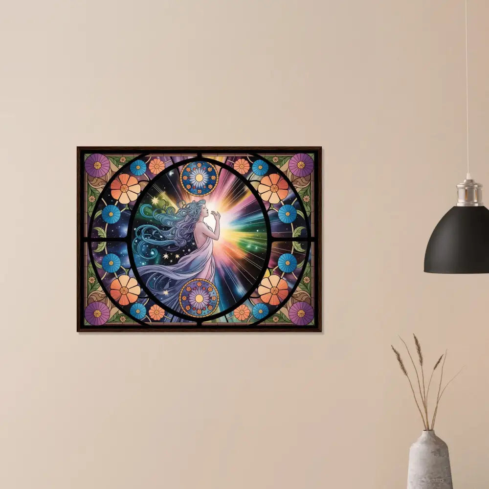 Framed stained-glass-style artwork titled Celestial Bloom in PixiOnyx Radiant Frame Edition