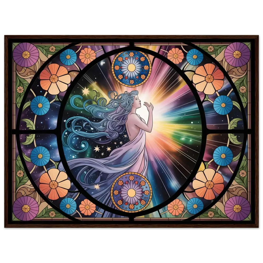 Stained glass Art Nouveau window framed as the Celestial Bloom PixiOnyx Radiant Frame Edition
