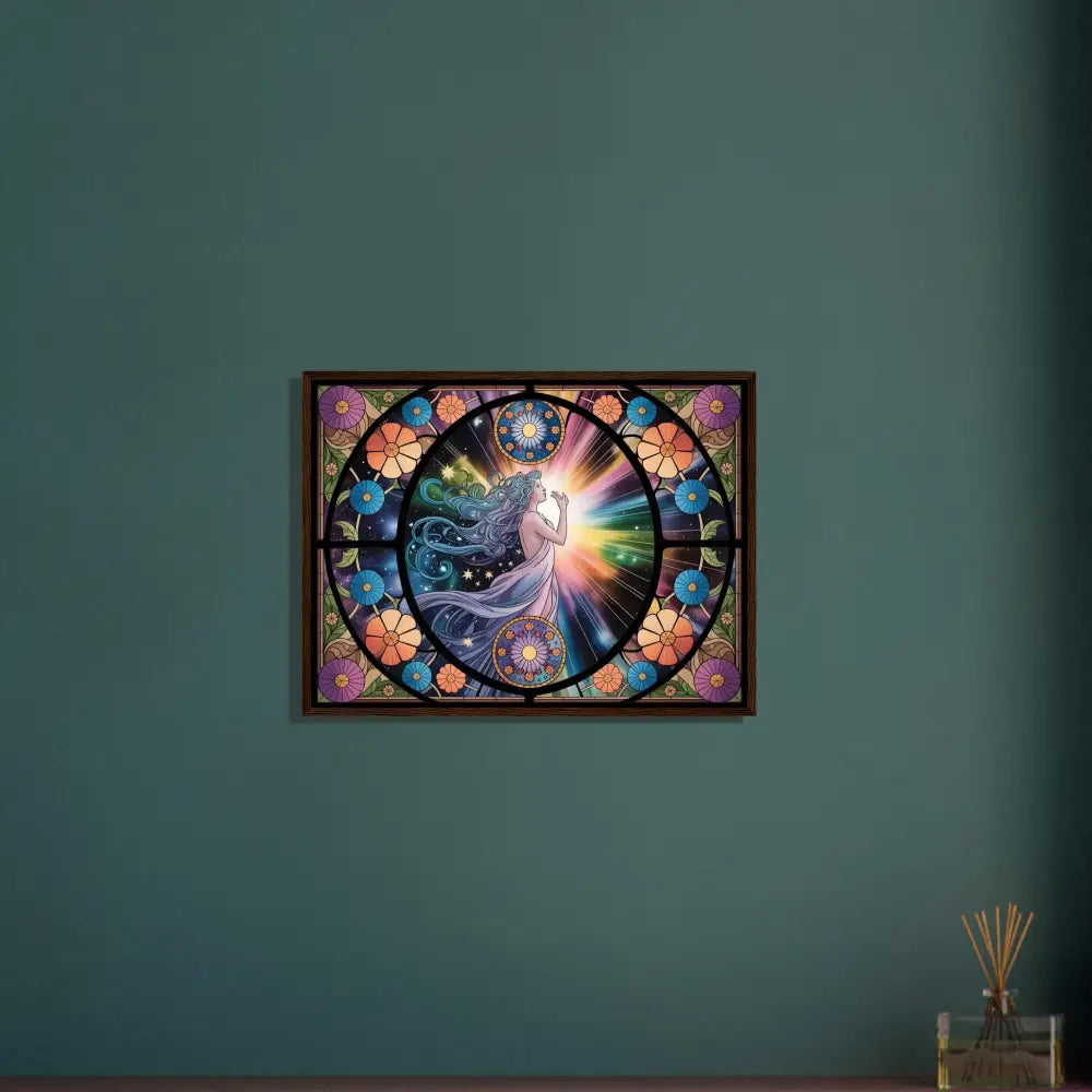 Framed stained-glass-style Celestial Bloom artwork in PixiOnyx Radiant Frame Edition
