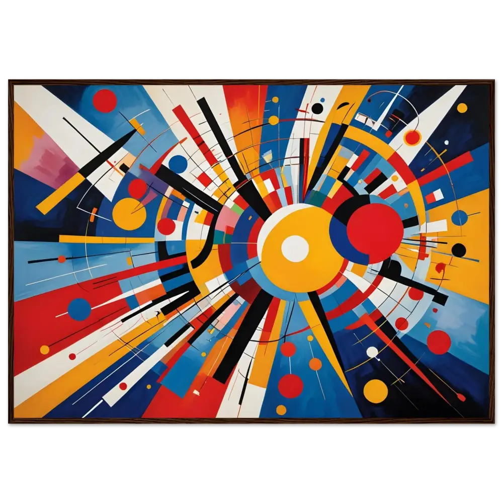 Abstract geometric painting with radiating shapes in Celestial Motion Framed Poster from PixiOnyx