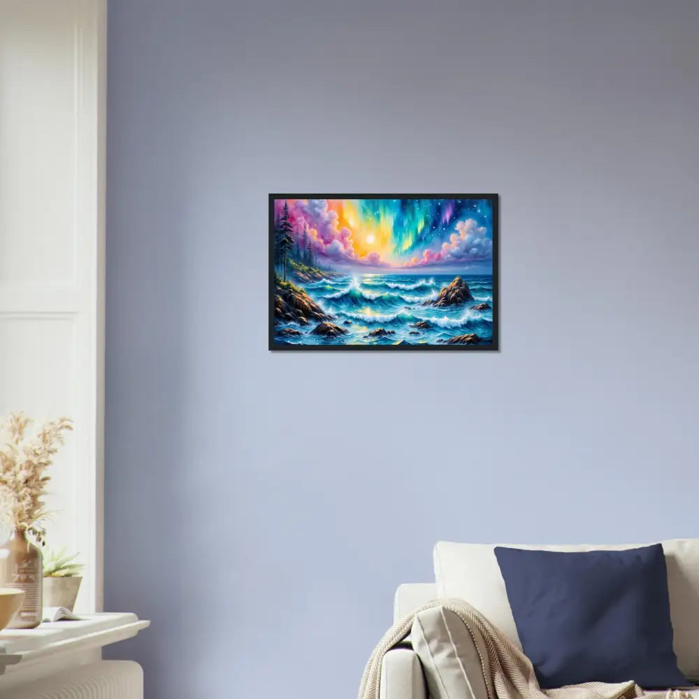 Framed poster celestial tide featuring an ocean scene with vibrant sky and ethereal clash