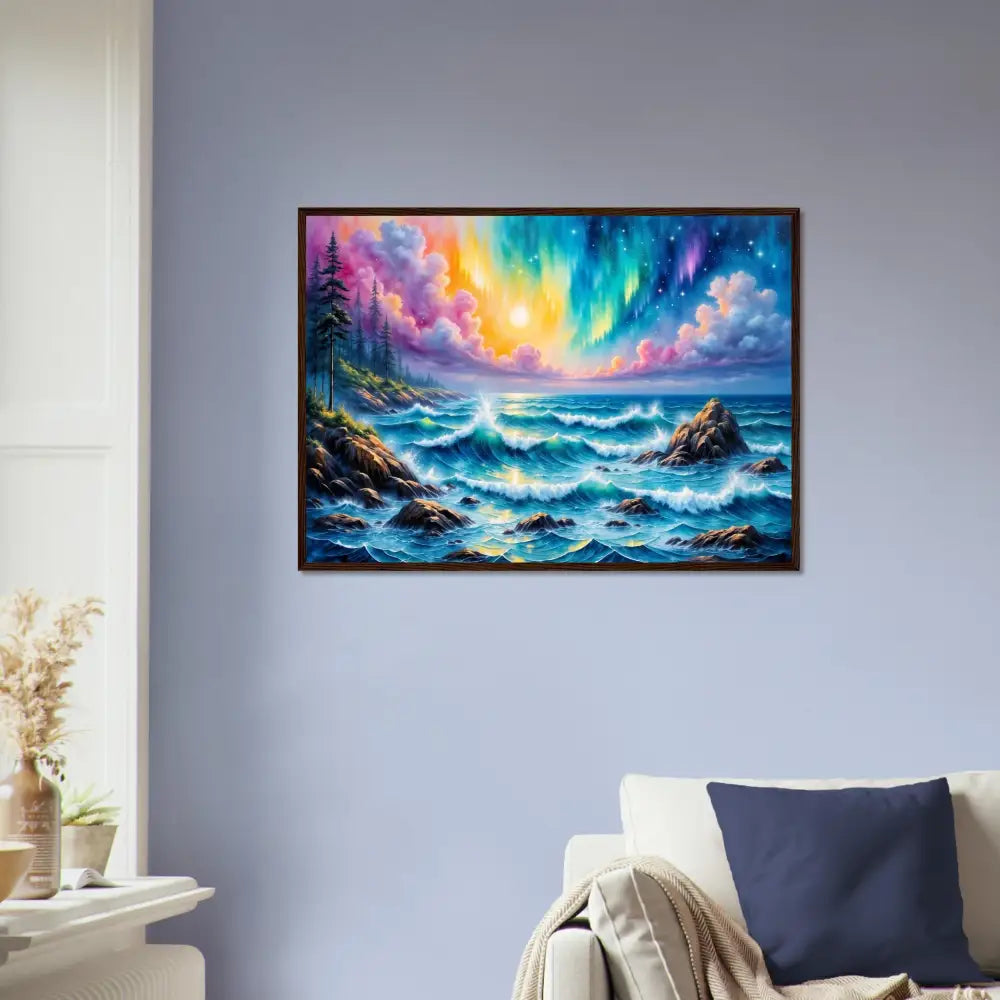 Framed poster of Celestial Tide aurora over turbulent ocean, capturing ethereal clash