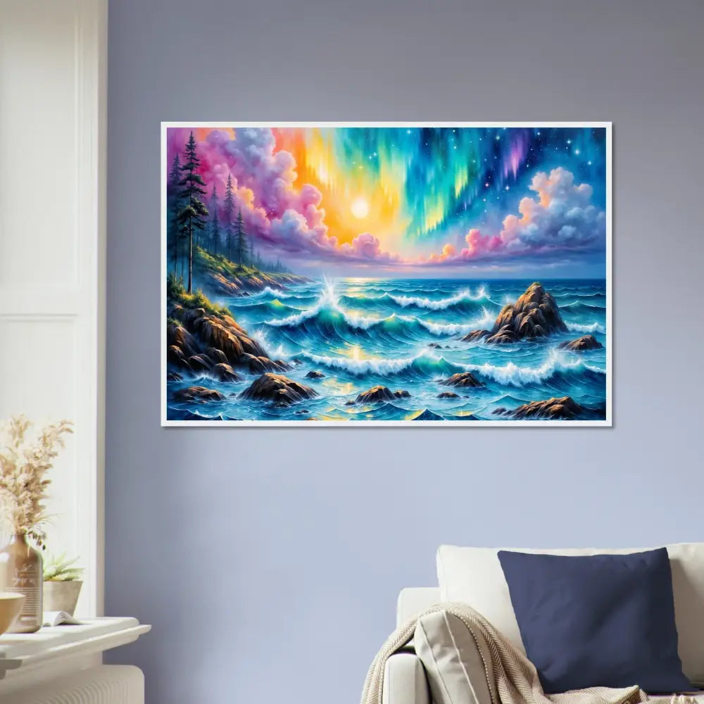 Framed poster of Celestial Tide with ethereal clash of Aurora Borealis over stormy ocean