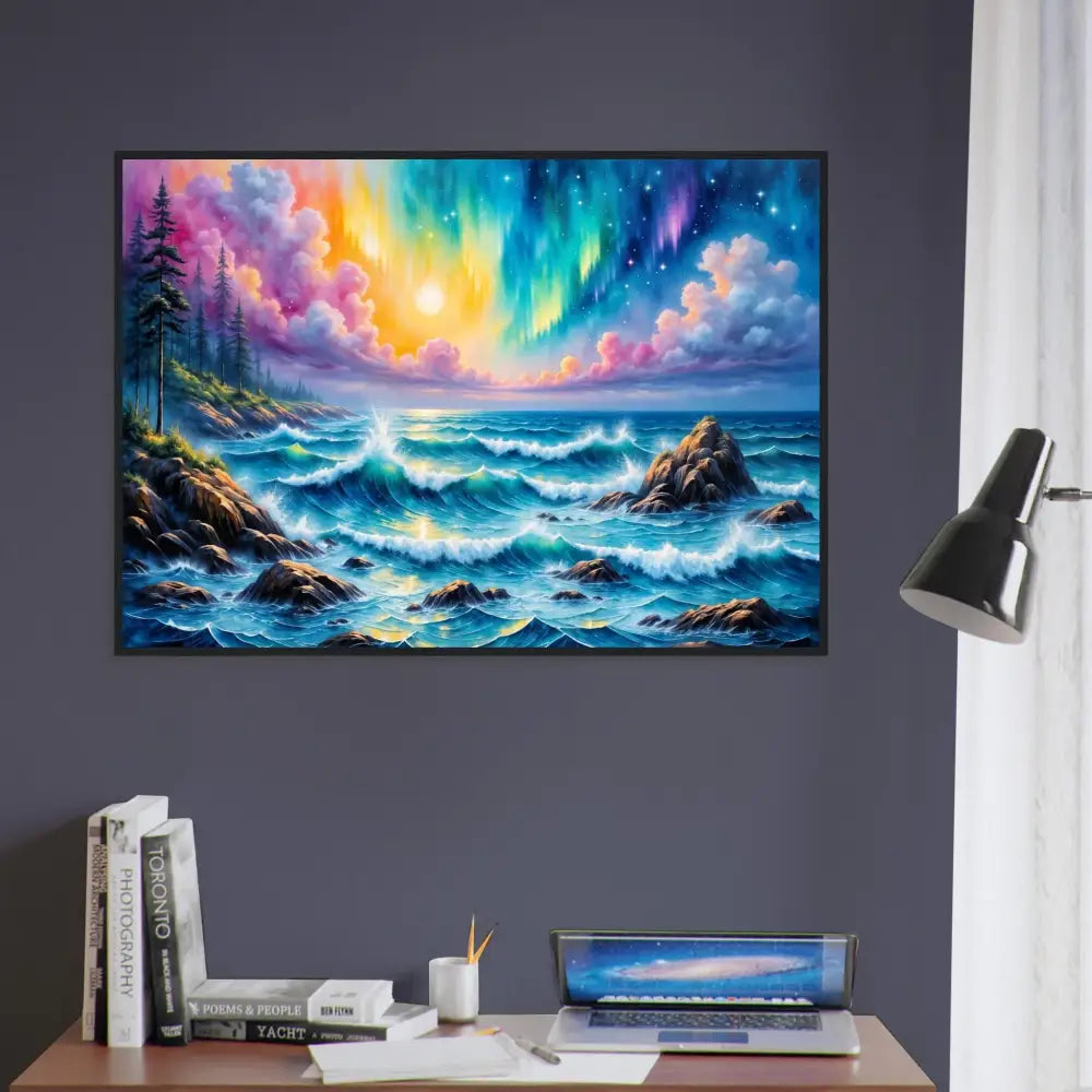 Framed poster of Celestial Tide ethereal clash seascape with aurora borealis and waves