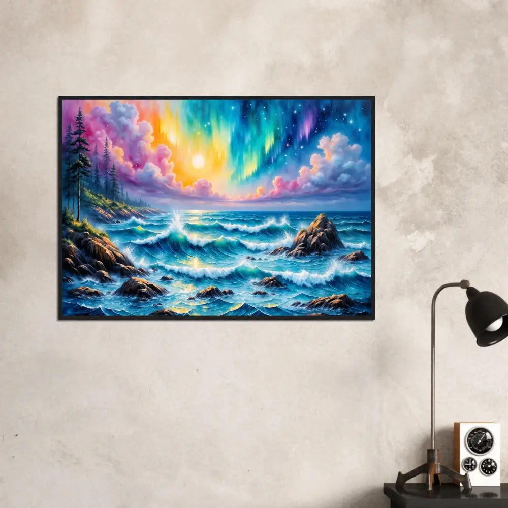 Framed Poster Celestial Tide aurora seascape painting of stormy ocean and colorful sky