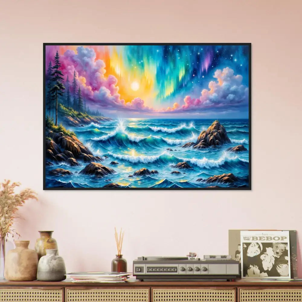 Framed Poster celestial tide aurora seascape with vibrant ocean, aurora borealis, sunset hues
