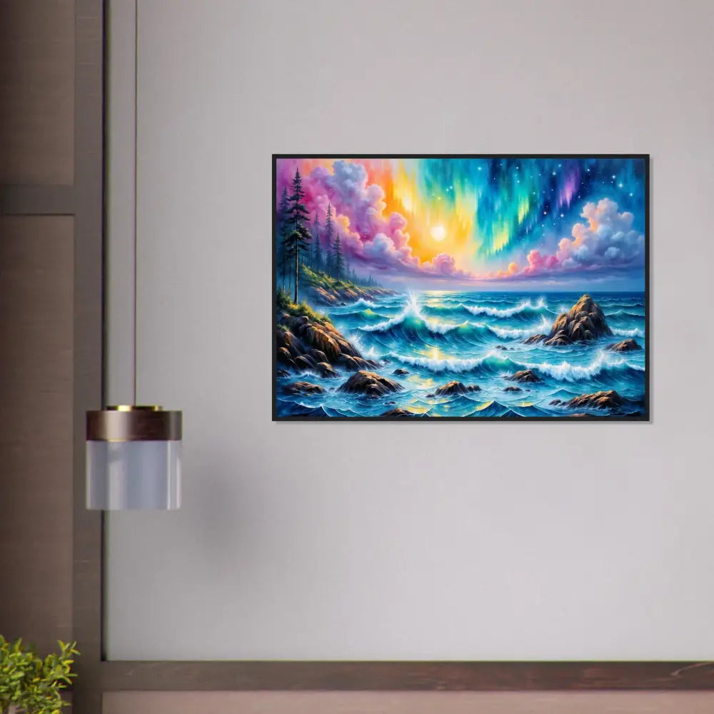Framed poster Celestial Tide featuring an ethereal clash seascape with aurora borealis