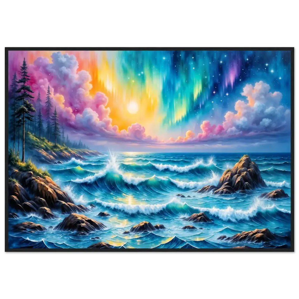 Vibrant celestial tide ethereal clash aurora seascape coastal landscape painting framed poster