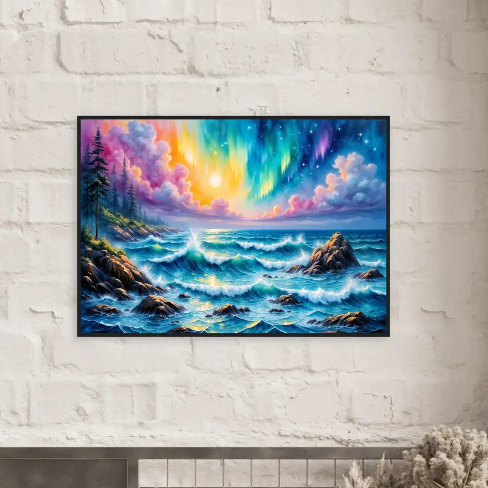 Framed Poster Celestial Tide aurora seascape with colorful aurora borealis and ocean waves