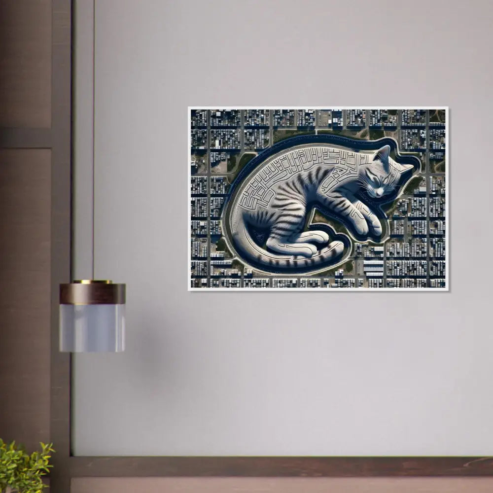 Cat-shaped city maze art displayed in Framed Poster Citynap Overlook PixiOnyx Dreamcore