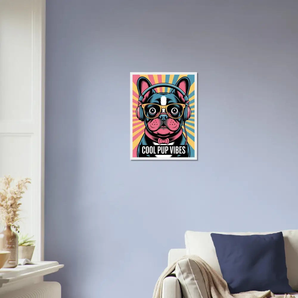 Colorful pop art style poster of French bulldog with headphones on pine wood frame