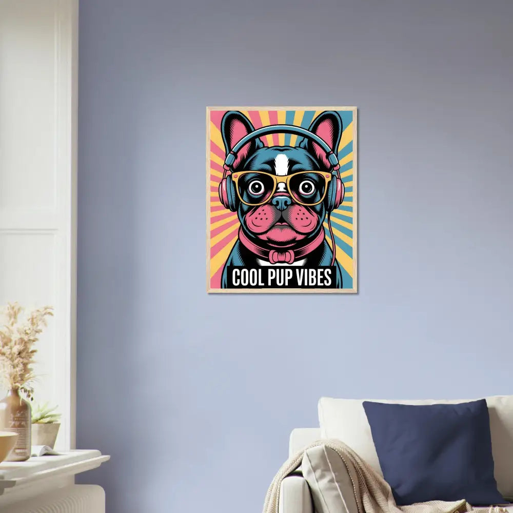 Framed Bulldog print on pine wood with matte art paper showcasing durable dog attitude art