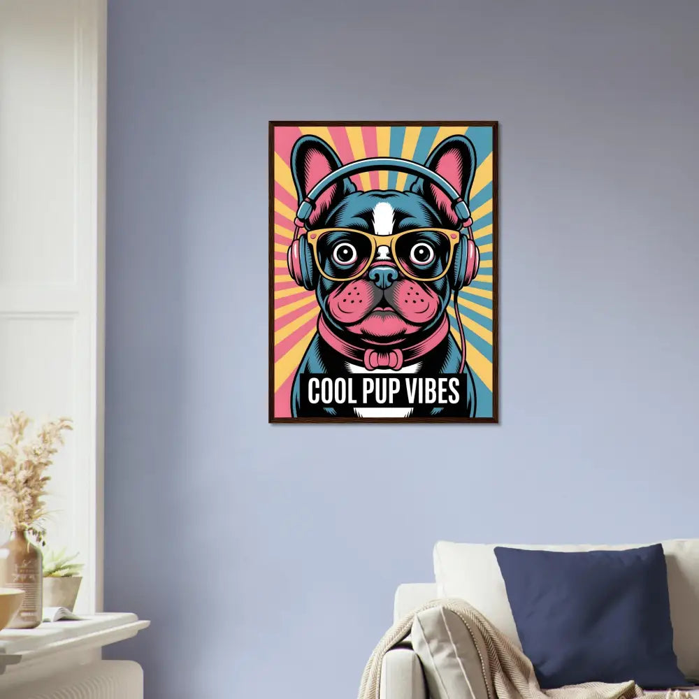 Framed wall art of a cool bulldog with headphones on pine wood matte art paper durable finish