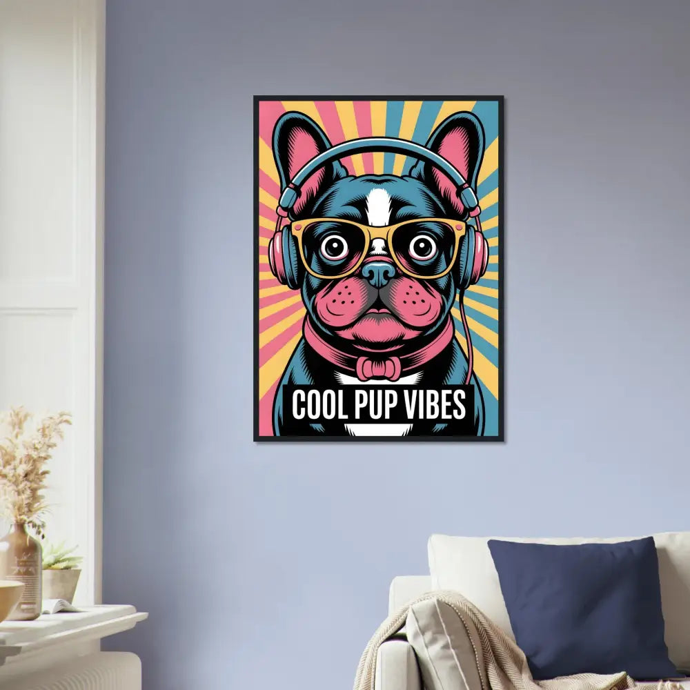Framed poster of a cool cartoon French Bulldog on pine wood with durable matte art paper
