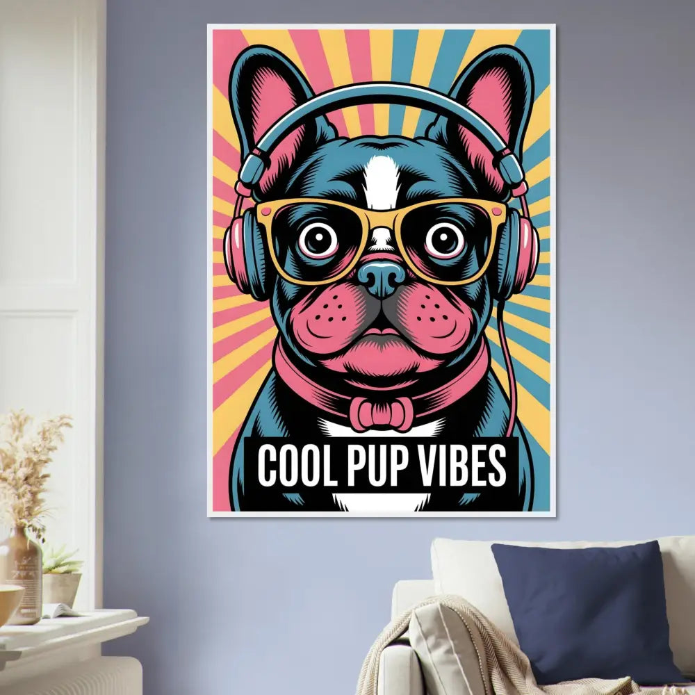 Vibrant French Bulldog graphic print on matte art paper with cool pup vibes in a pine wood frame
