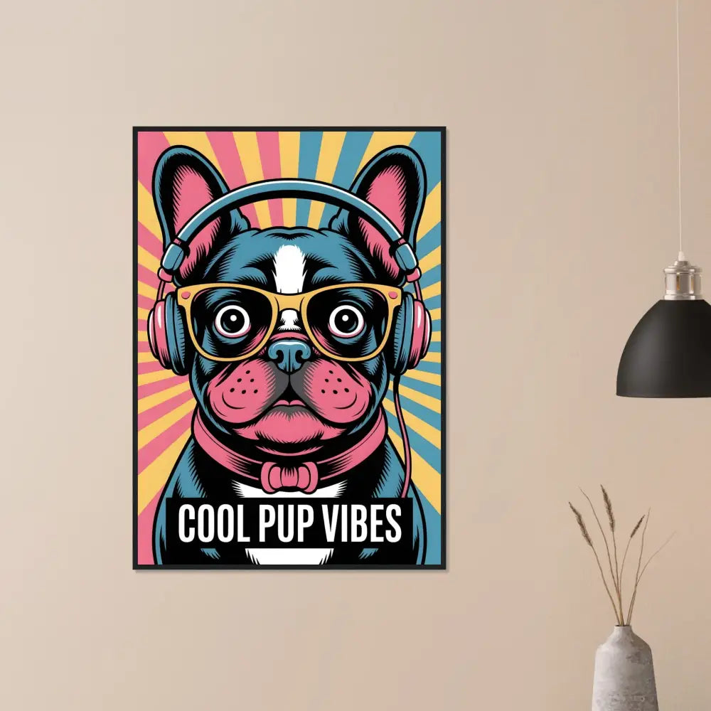 Framed Pop Art Print of French Bulldog with Headphones on Pine Wood Matte Art Paper
