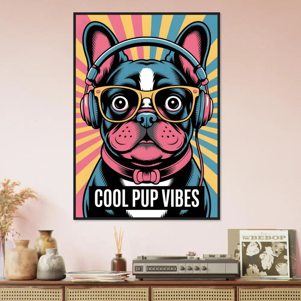 Colorful framed wall art of French bulldog with headphones on pine wood matte art paper