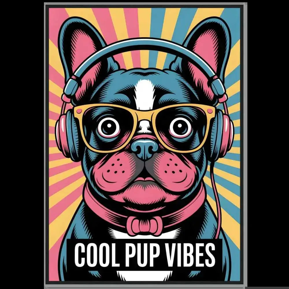 Stylized French bulldog wearing headphones and sunglasses on pine wood matte art paper
