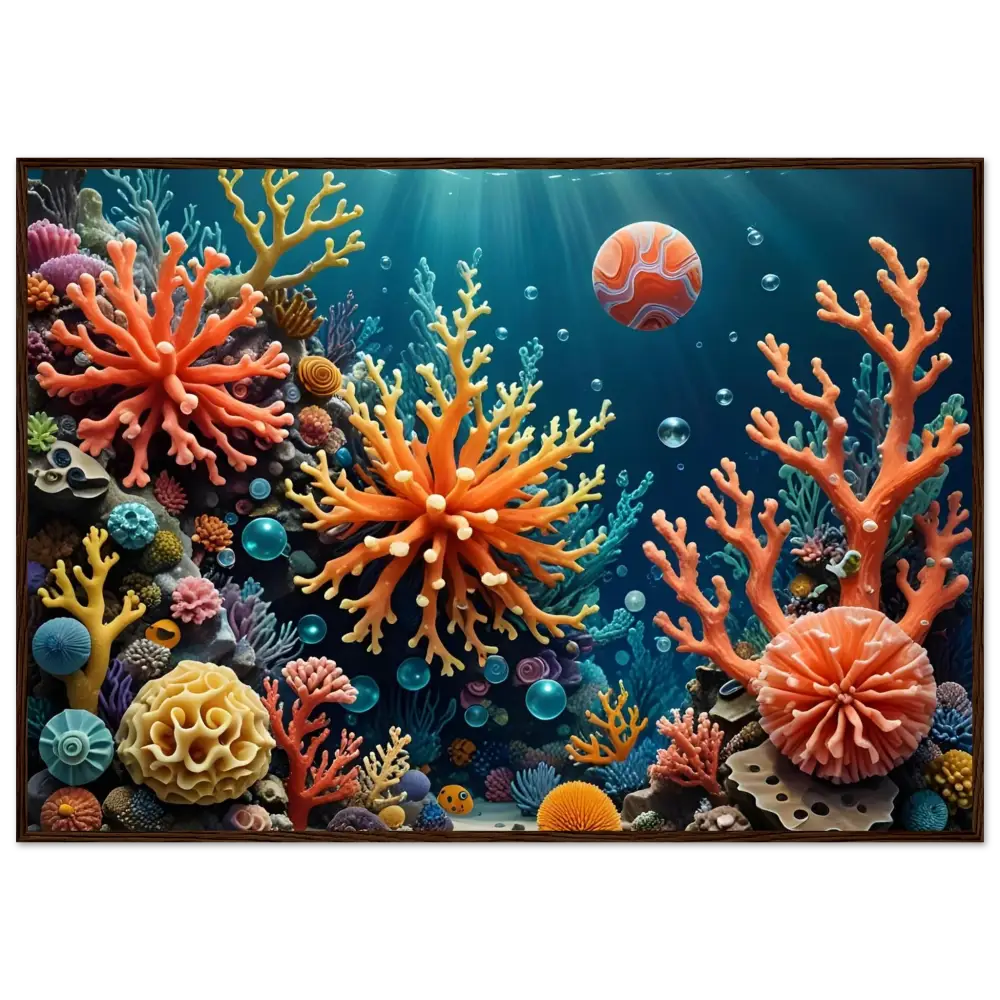 Vibrant coral reef ecosystem displayed on Framed Poster Coral Reverie PixiOnyx Undersea Dreamscape