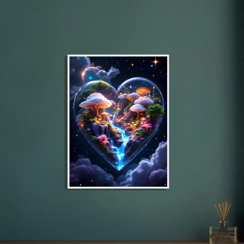 Heart-shaped fantasy mushroom landscape in framed Cosmic Heart PixiOnyx Ethereal Poster