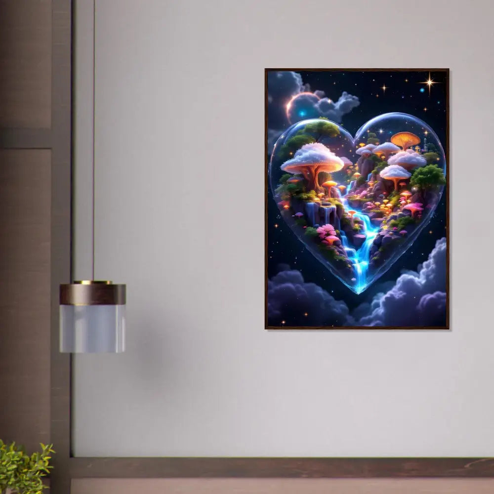 Heart-shaped fantasy landscape art in a Cosmic Heart framed poster from PixiOnyx series