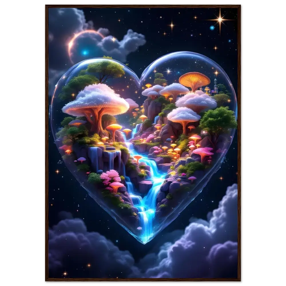 Heart-shaped terrarium with a fantasy landscape in the Framed Poster Cosmic Heart PixiOnyx series