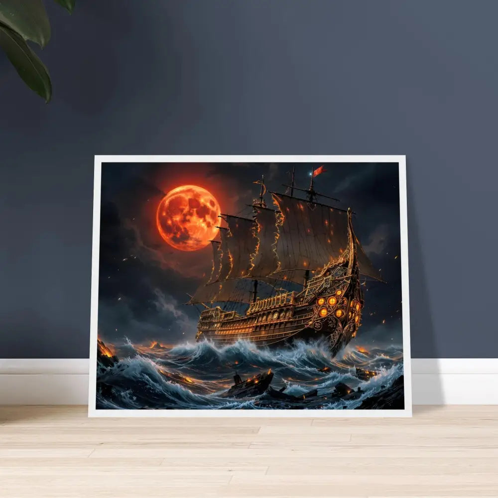 Framed artwork of a ship on a stormy sea under a blood moon in Crimson Reign Gothic display