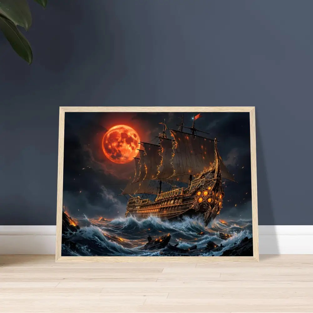 Framed artwork of a pirate ship on rough seas under a blood-red moon, capturing Crimson Reign gothic art