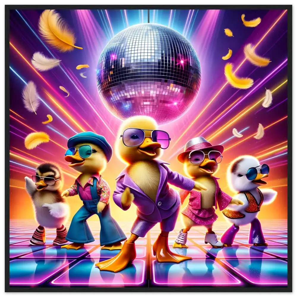 Framed poster featuring colorful disco-dancing ducklings in a retro style