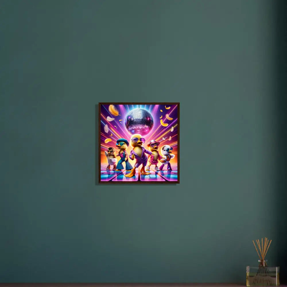 Framed cartoon duck disco scene poster for Retro Absurdist decor