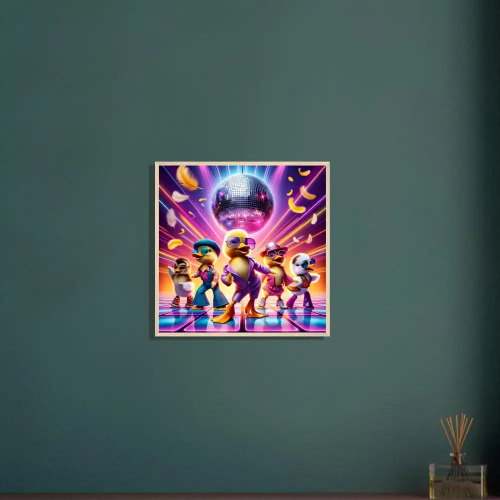 Framed Disco Duck artwork displayed in PixiOnyx Retro Absurdist Poster product