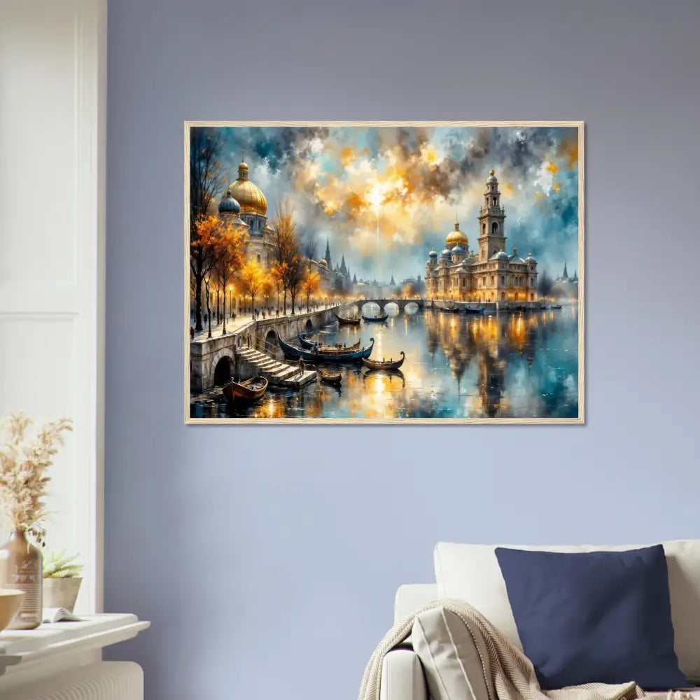 Framed masterpiece turns with vibrant city canal scene on archival matte paper in ultra-rich giclée colors
