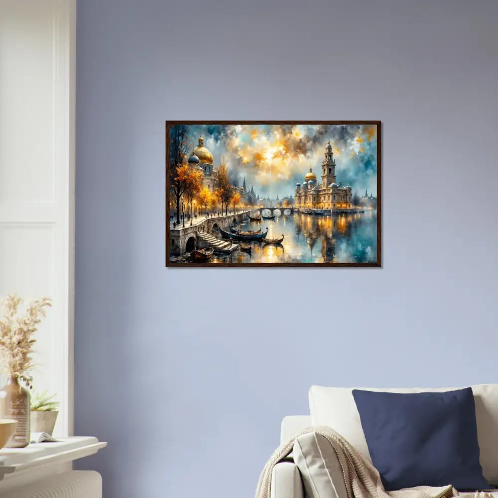 Framed masterpiece turns European city scene with canal, bridges, ornate buildings under dramatic sky on archival matte paper with ultra-rich giclée colors
