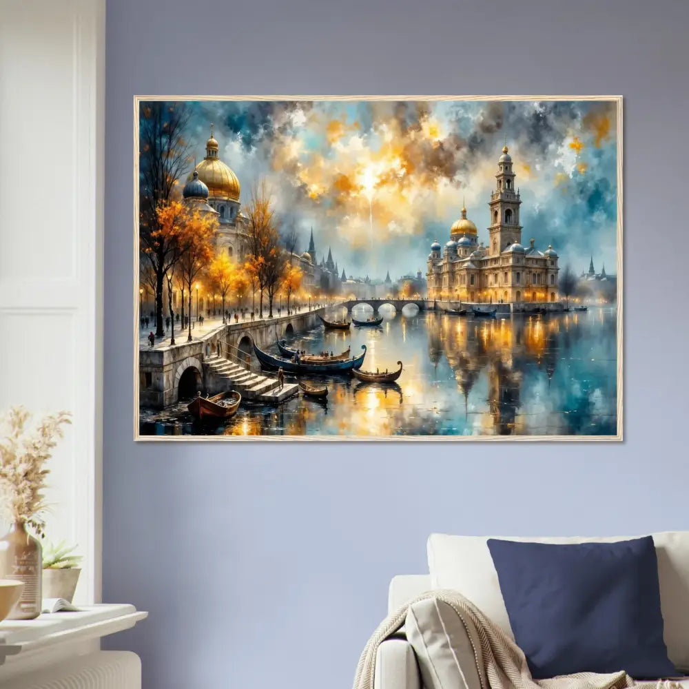 Framed masterpiece turns with European cityscape at dusk on archival matte paper with ultra-rich giclée colors