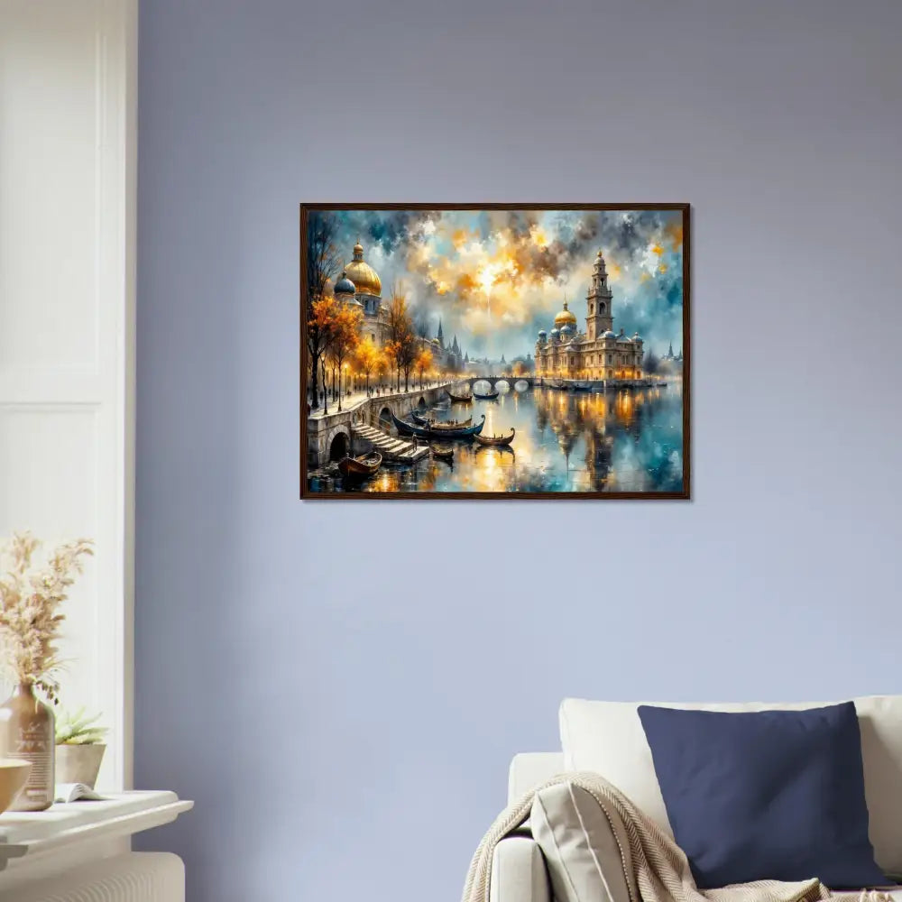 Framed impressionistic European city river scene on archival matte paper with ultra-rich giclée colors